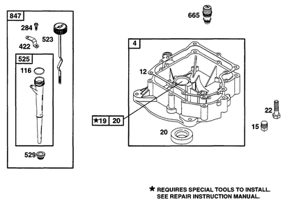 Oil Fill, Sump Diagram and Parts List for 252707-0135-XX  Briggs and Stratton Engine